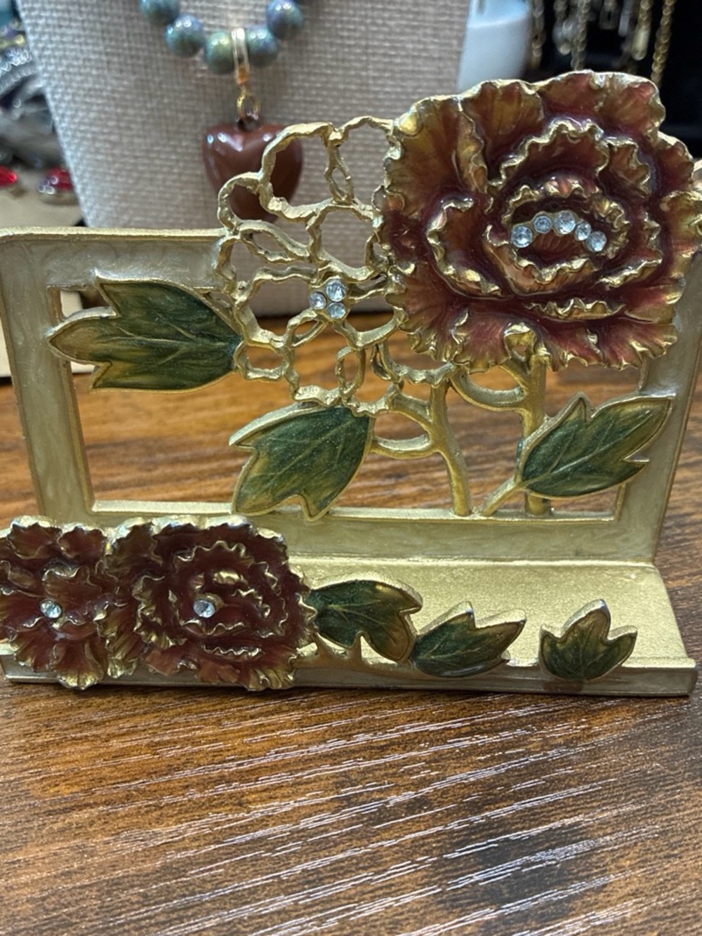 Floral Gold Decorative Business Card Holder with Red Rose Accents